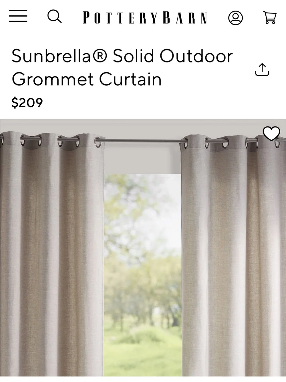 Pottery barn, outdoor Sunbrella, Gromett curtain panel